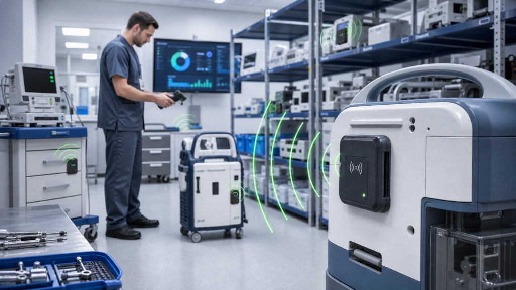 radio frequency tracking with RFID tags for equipment tracking in asset room