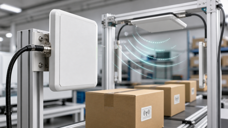 rfid antenna working with UHF RFID panel antennas reading tagged cartons