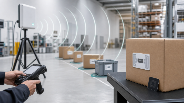 uhf rfid range test with UHF RFID tags, reader antenna, and tagged cartons in warehouse